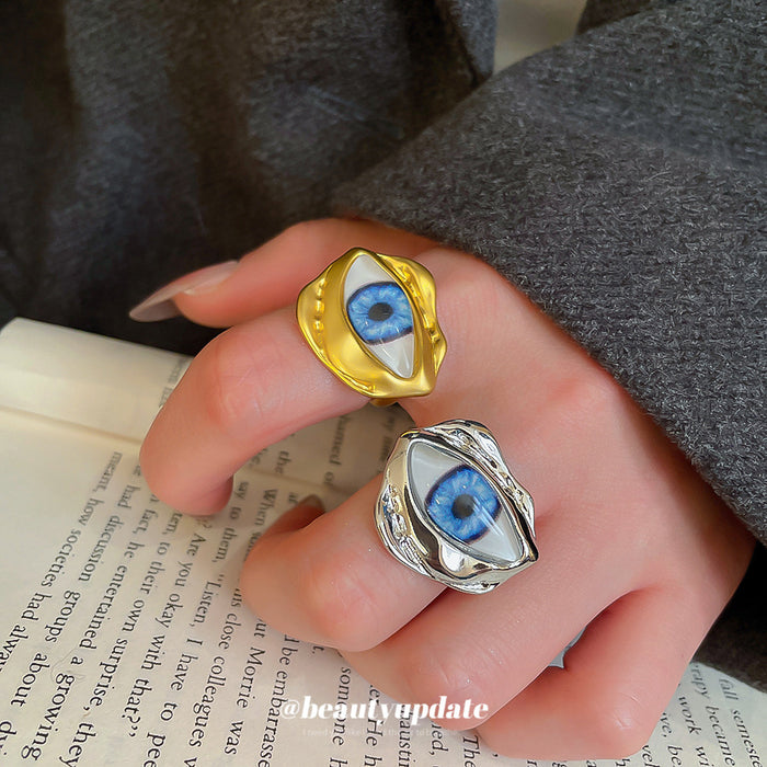 Gold Silver Blue Eyeball Open Ring Irregular Metal Frame