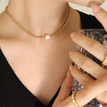 Gold Curb Chain Choker with Single Pearl or Color Bead view 3