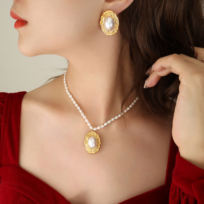 Gold Textured Pearl Pendant Necklace Stud Earrings Styles