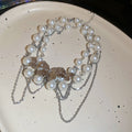 White Pearl Look Layered Necklace with Silver Tone Butterfly view 6