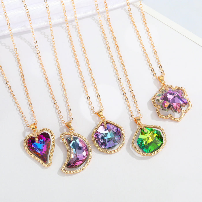 Gold Tone Iridescent Crystal Pendant Necklaces in Five Shapes