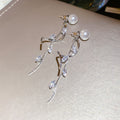 Silver Tone Pearl and Crystal Leaf Drop Earrings With Decorative Details view 6