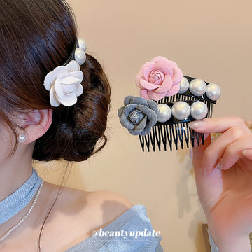 Fabric Rose Pearl Black Hair Combs White Grey Pink