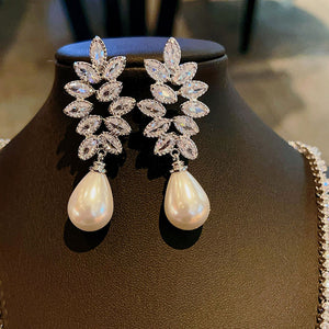 Silver Tone Marquise Leaf Cluster Pearl Drop Earrings