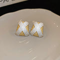 White And Gold Cross Woven Round Stud Earrings Jewelry Accessory view 7