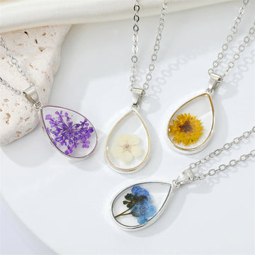 Silver Tone Clear Resin Pressed Flower Teardrop Pendant Necklaces