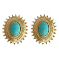 Gold Sunburst Oval Stud Earrings Turquoise Crackle Centers view 5