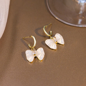 Gold C Hoop Earrings With White Butterfly Charms Pair