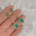 Gold-Tone Green Crystal Long Drop Ear Clip Oval Halo Earrings view 4