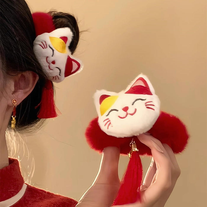 Plush Lucky Cat Hair Tie White Red Maneki Neko Scrunchie