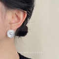 Silver Layered Ruffle Disc Pearl Center Stud Earrings view 2
