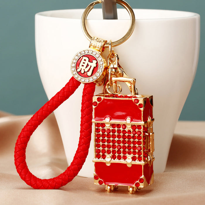 Red Crystal Suitcase Keychain with Braided Fortune Cord and Plaque