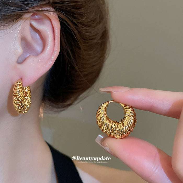Gold Tone Textured Open Circle Huggie Earrings Statement Pair
