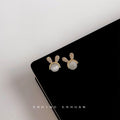 Gold Cat Eye Stone Bunny Ear Crystal Stud Earrings Pair view 1