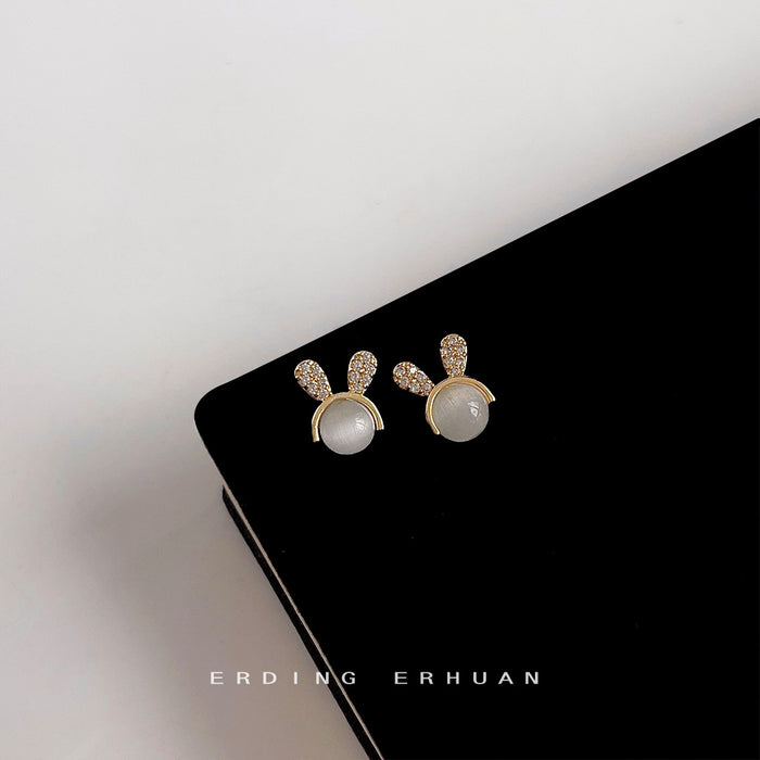 Gold Cat Eye Stone Bunny Ear Crystal Stud Earrings Pair