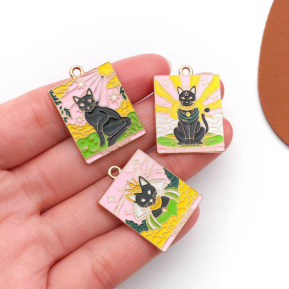 Enamel Zinc Alloy Tarot Card Black Cat Charm Pendant for Necklaces Keychains and Bags
