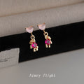 Gold Pink Heart Stud Earrings With Magenta Gem Bears view 4