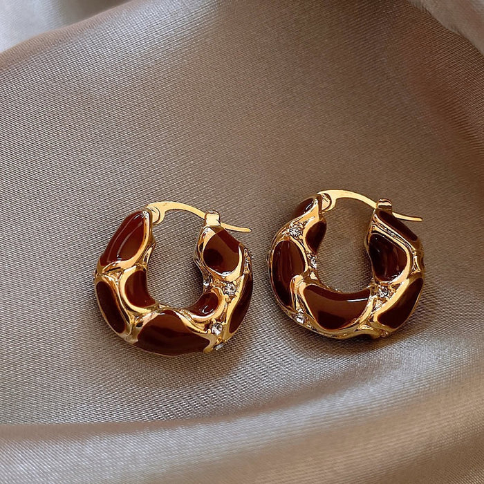 Brown Enamel Textured Hoop Earrings with Gold Tone Frames