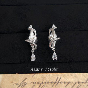 Silver Conch Shell Pearl Teardrop Crystal Dangle Earrings