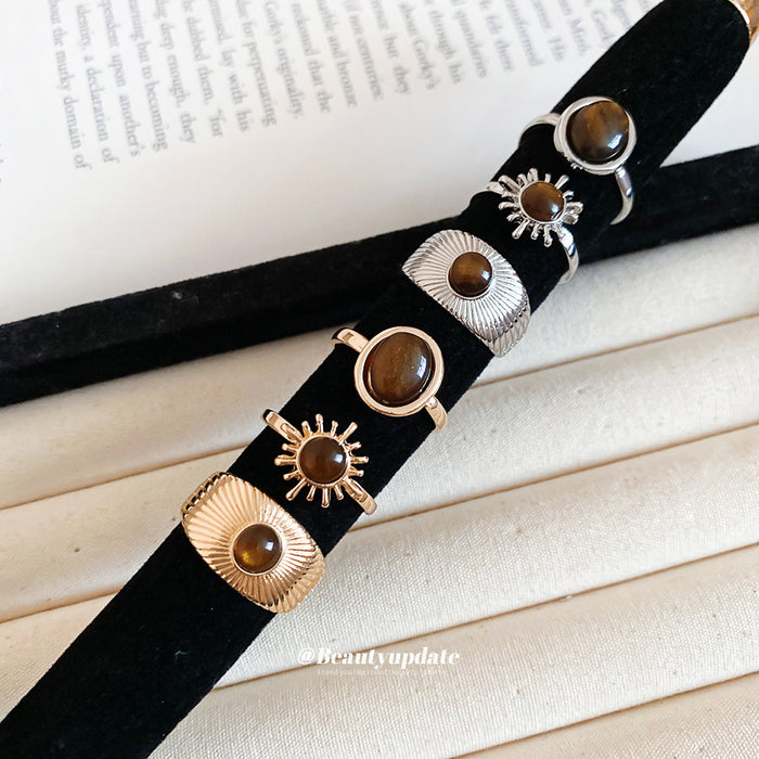 Brown Cabochon Open Ring Sets Gold Silver Three Piece