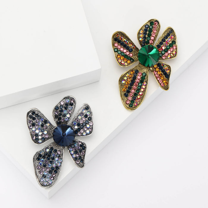 Four Petal Rhinestone Flower Brooch Blue or Multicolor