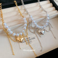 Gold and Silver Tone Oversized Heart Link Pearl Necklaces view 2