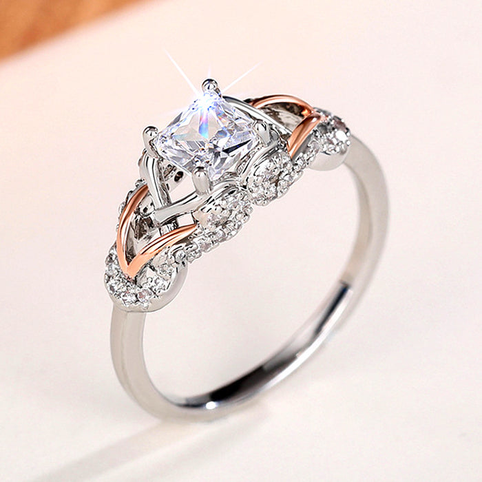 Two Tone Silver Rose Gold Princess Cut Clear Stone Ring Sizes 6-10