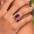 Deep Red Rectangular Solitaire High-Set Filigree Ring In Silver Tone view 2
