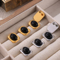 Square Frame Black Glass Cabochon Stud Earrings Gold Steel view 2