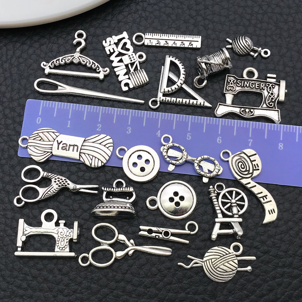 Antique Silver Zinc Alloy Scissors Sewing Machine Button Charm Pendant for DIY Jewelry