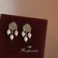 Gold Filigree Stud Earrings Green Accents Pearl Drops view 1