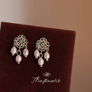 Gold Filigree Stud Earrings Green Accents Pearl Drops