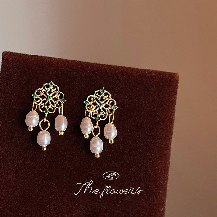 Gold Filigree Stud Earrings Green Accents Pearl Drops