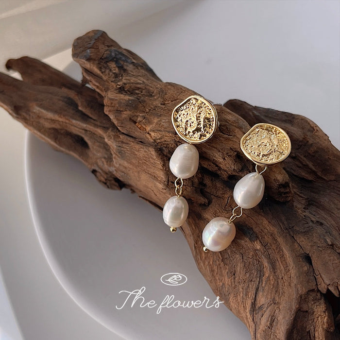 Gold Hammered Disc Stud Double White Pearl Drop Earrings