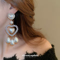 Silver Tone Crystal Heart Drop Earrings With White Pearl Dangles view 3