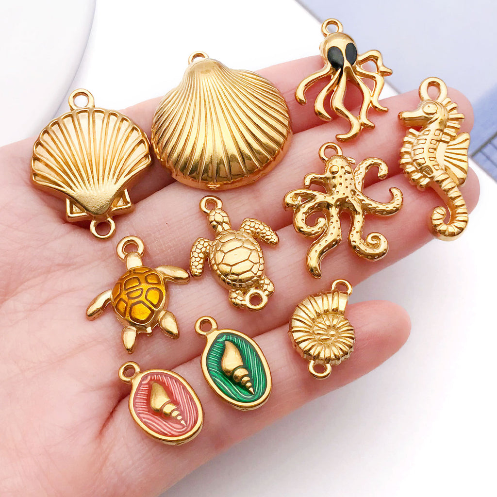 Stainless Steel Starfish Seahorse Turtle Ocean Charm Pendant for DIY Keychain Jewelry