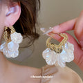 White Petal Cluster Drop Hoop Earrings with Pearls view 1