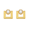Geometric Square Pearl Center Stud Earrings in Gold Tone view 5