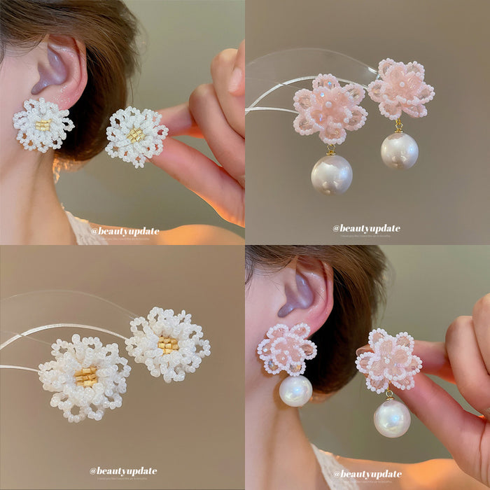 Pink Beaded Flower Stud Earrings with Round Pearl Drops