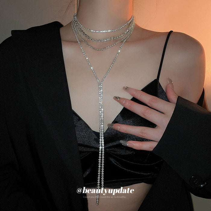 Silver Multi Layer Rhinestone Choker Long Drop Tassel
