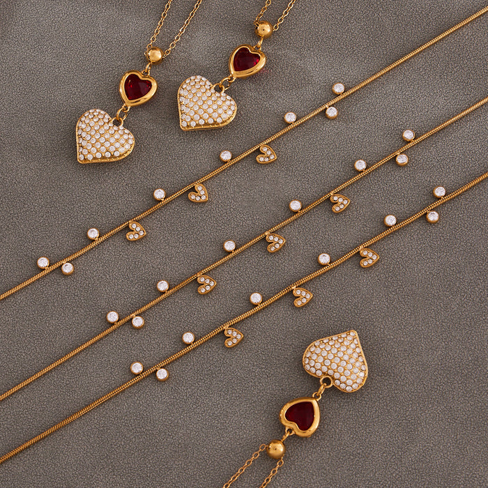 Heart Zircon Station Choker Double Heart Pendant Gold Steel