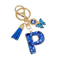 Blue Resin Alphabet Letter Keychain With Butterfly Evil Eye Charm Tassel view 5