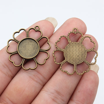 Antique Bronze Metal Flower Frame Round Bezel Tray For Jewelry Making