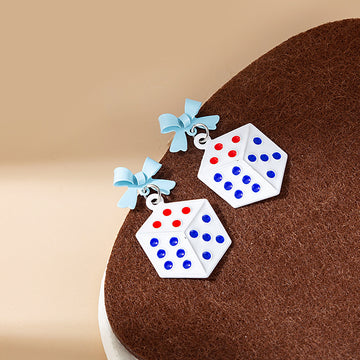 Blue Bow White Dice Red Blue Dot Dangle Stud Earrings