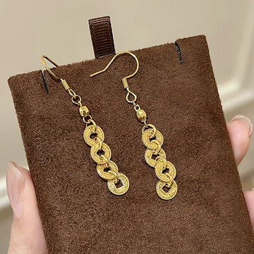Gold Tone Coin Link Hook Earrings with Open Circle Drops