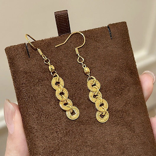 Gold Tone Coin Link Hook Earrings with Open Circle Drops