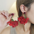 Pink and Red Fabric Flower Cluster Long Stud Earrings view 1