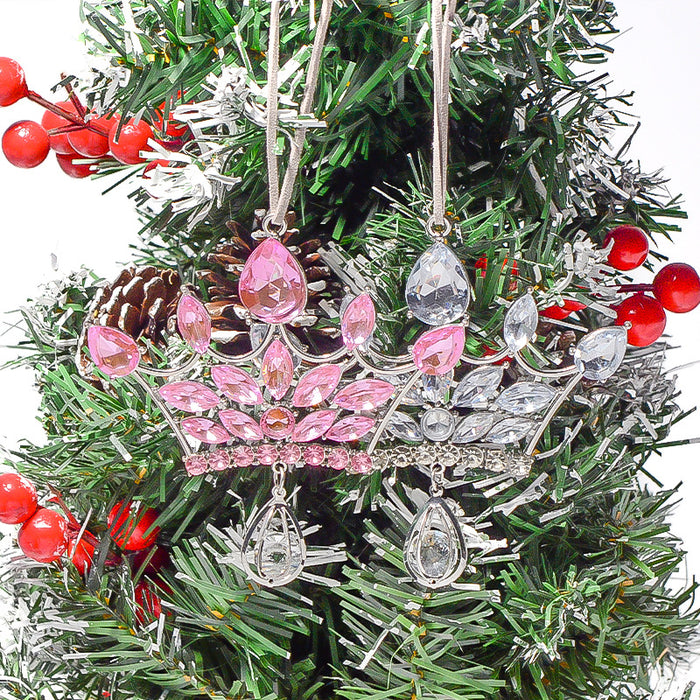 Silver Rhinestone Crown Christmas Hanging Ornament Cord Loop
