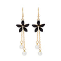 Black Flower Pearl Look Extra Long Gold Hook Earrings view 5