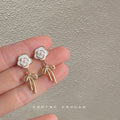 White Enamel Camellia Stud Gold Bow Drop Earrings Pair view 3
